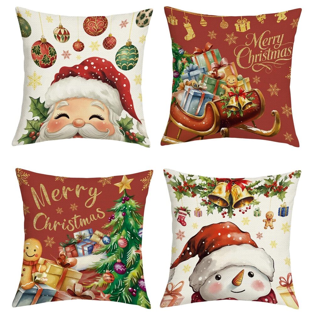 7649 Merry Christmas Red Throw Pillow Covers 18x18 Inch Set of 4 Santa